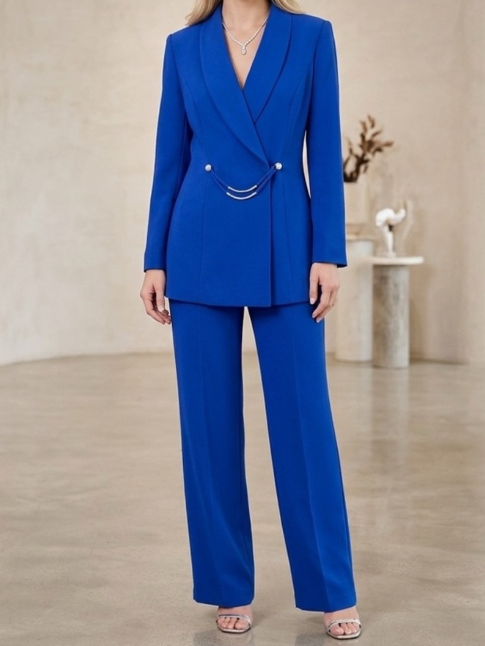 Vintage 90s Pants Suit Blazer Dress Trousers Blue Silver Chain Formal Size 16W - Picture 3 of 16